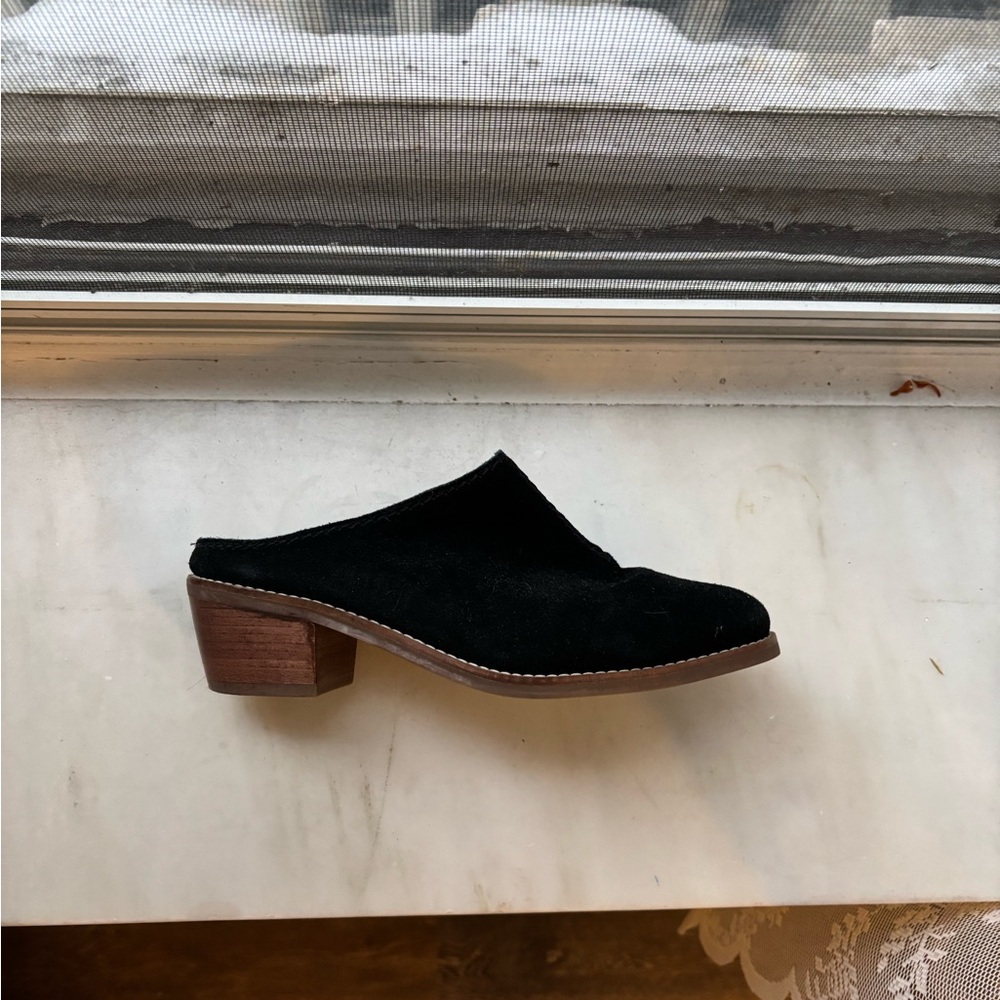 Cole Haan Black Suede Mules with Brown Heel - Picture 2 of 3